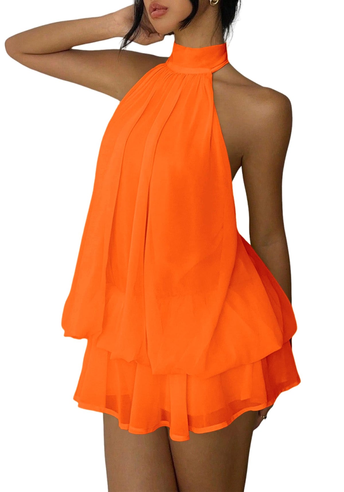 Women's Chiffon Halter Drop Waist Mini Dress Wedding Guest Dresses Ruffle Formal Holiday Club Brunch Outfits