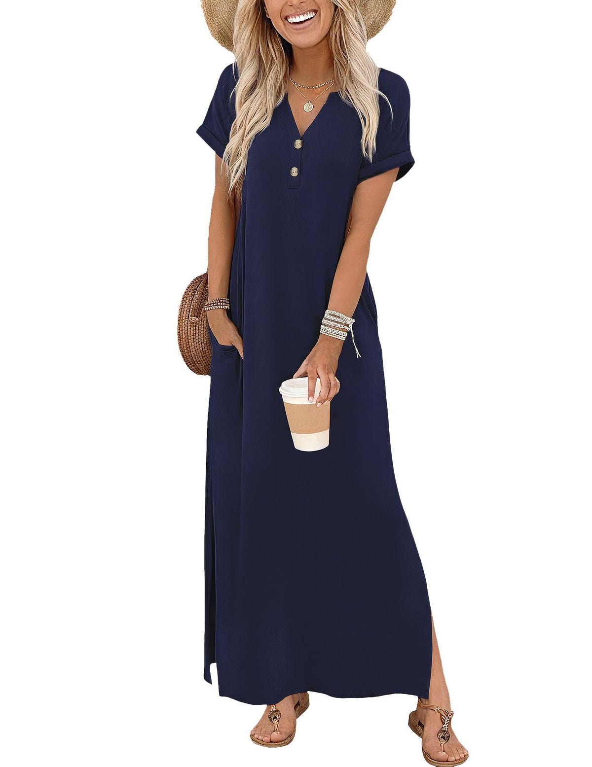 Zeagoo Summer Dresses for Women 2026 Maxi Dresses Vacation Sundress Short Sleeve Casual Sundresses Split Dress with Pockets