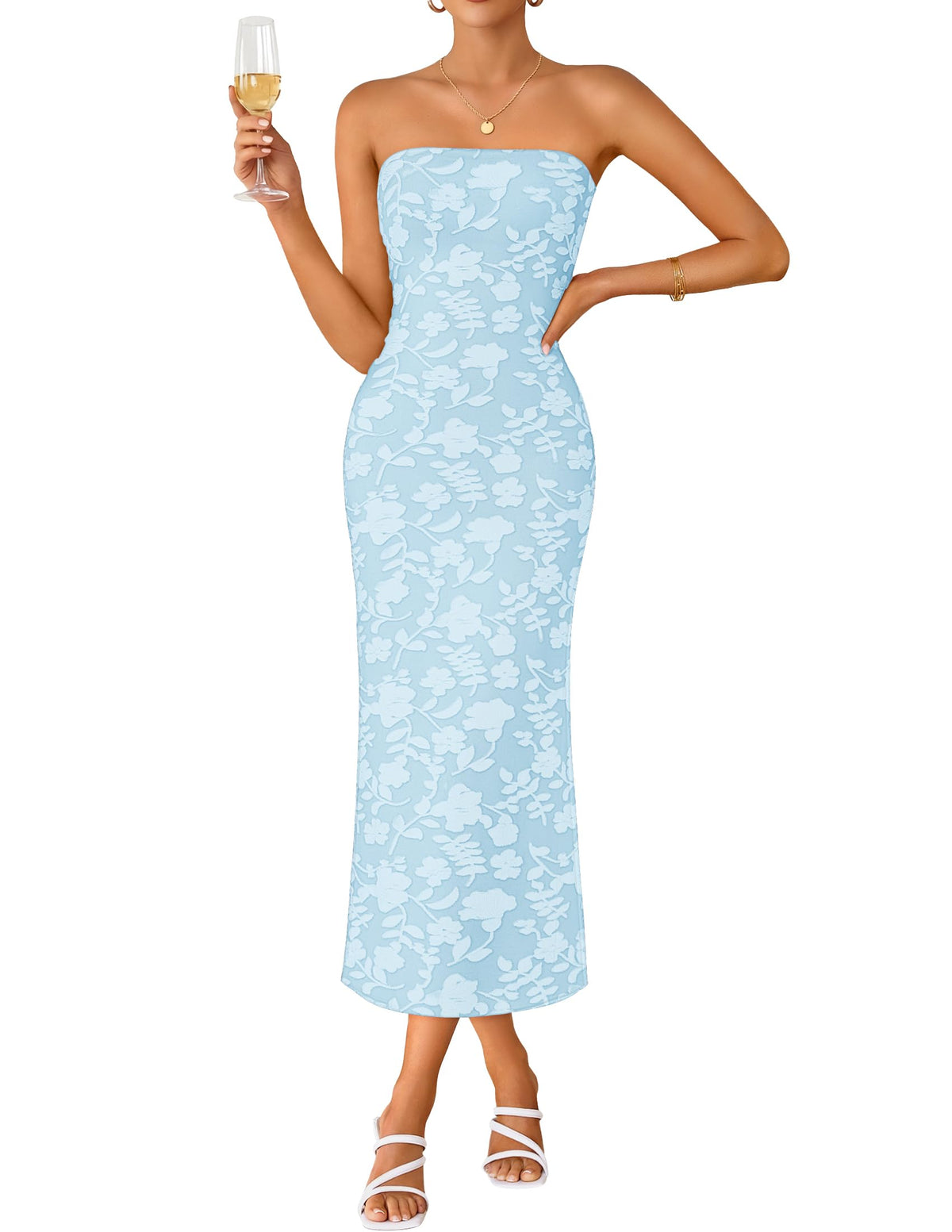ZESICA Women's Floral Strapless Bodycon Weeding Guest Dress