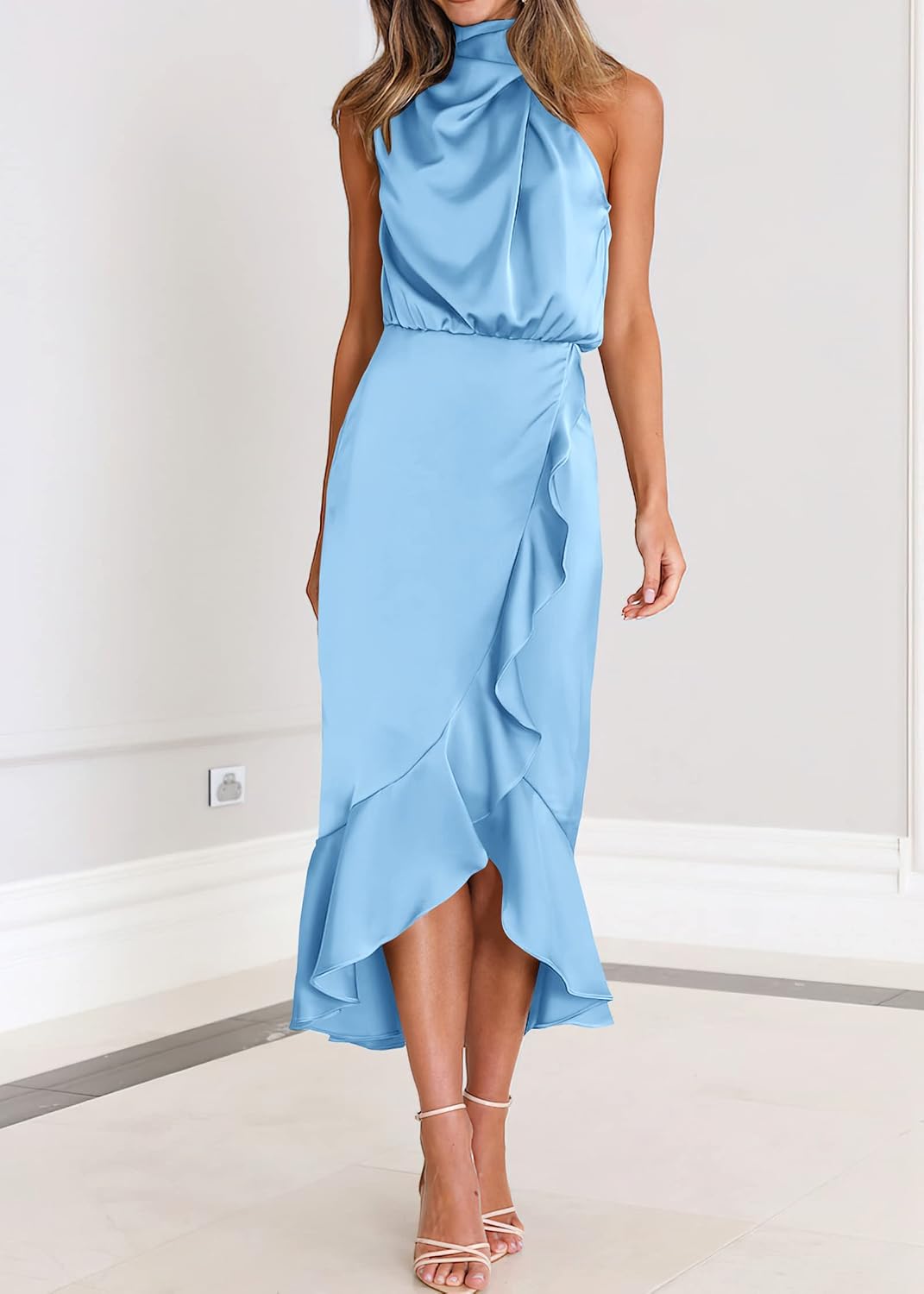 KIRUNDO Women's Summer Satin Mock Neck Wedding Guest Dress