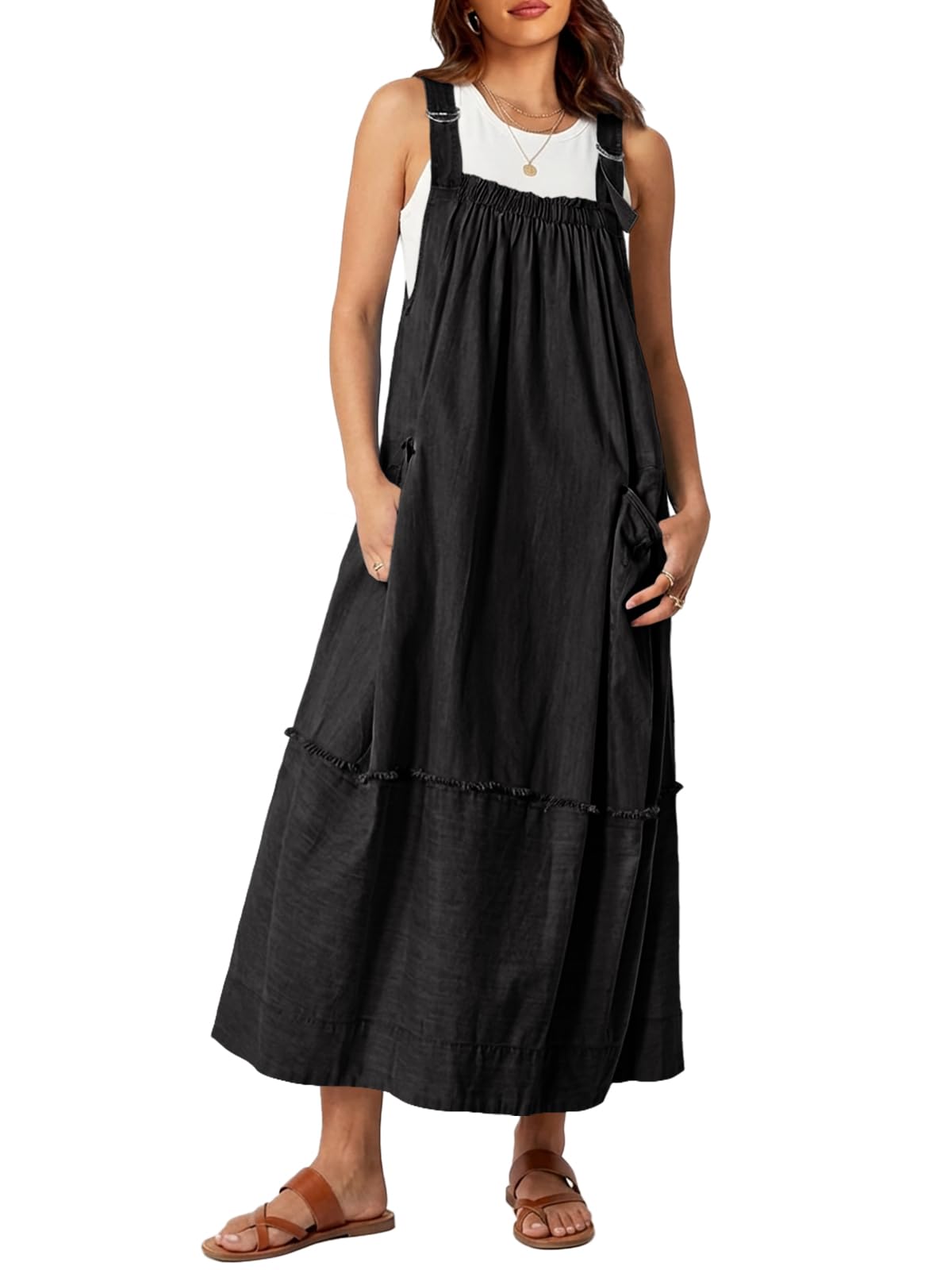 Cicy Bell Women's Denim Overall Dress Casual Adjutable Strap Back Drawstring Loose Jumper Bib Maxi Dresses with Pockets