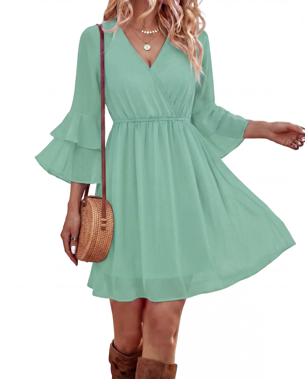 Bebonnie Womens 3/4 Ruffle Sleeve Spring Summer Casual V Neck Flowy Chiffon Layers Dresses
