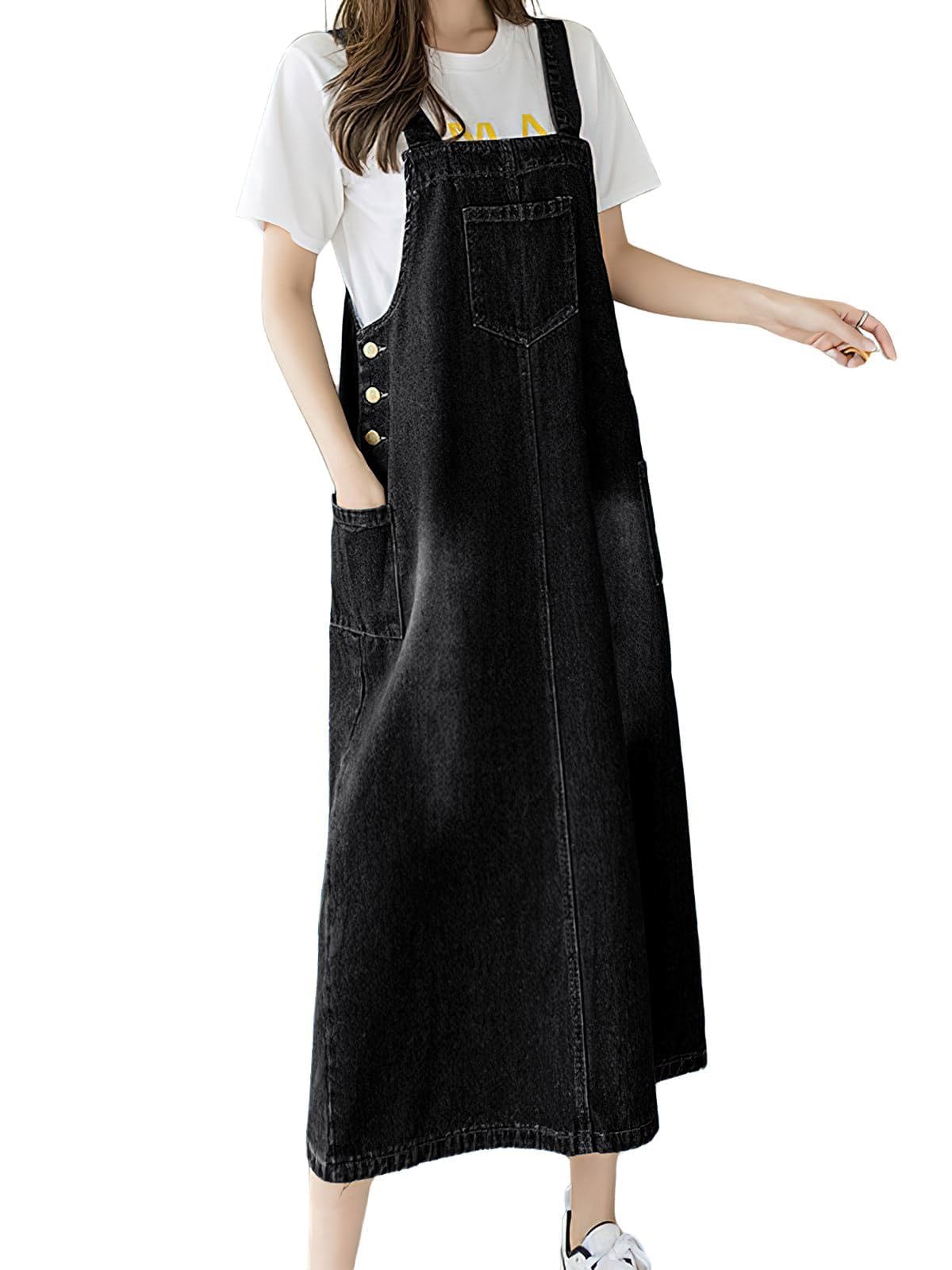 ebossy Women's Patchwork Denim Bib Overall Casual Button Jean Maxi Long Pinafore Dress With Pocket