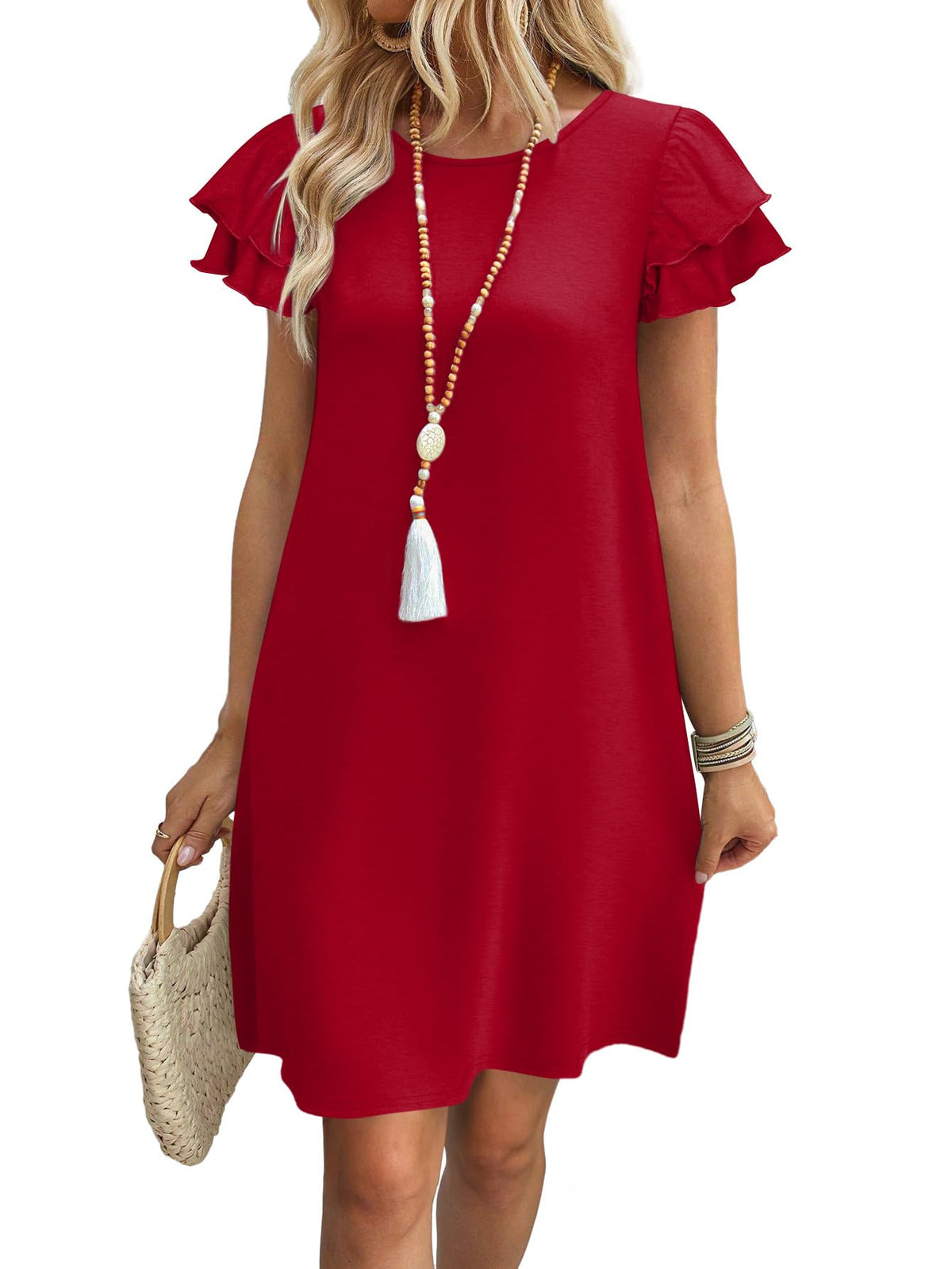 OFEEFAN Womens Summer Dresses 2026 Ruffle Sleeve Round Neck Loose Swing Sundresses with Pockets Plain/Print