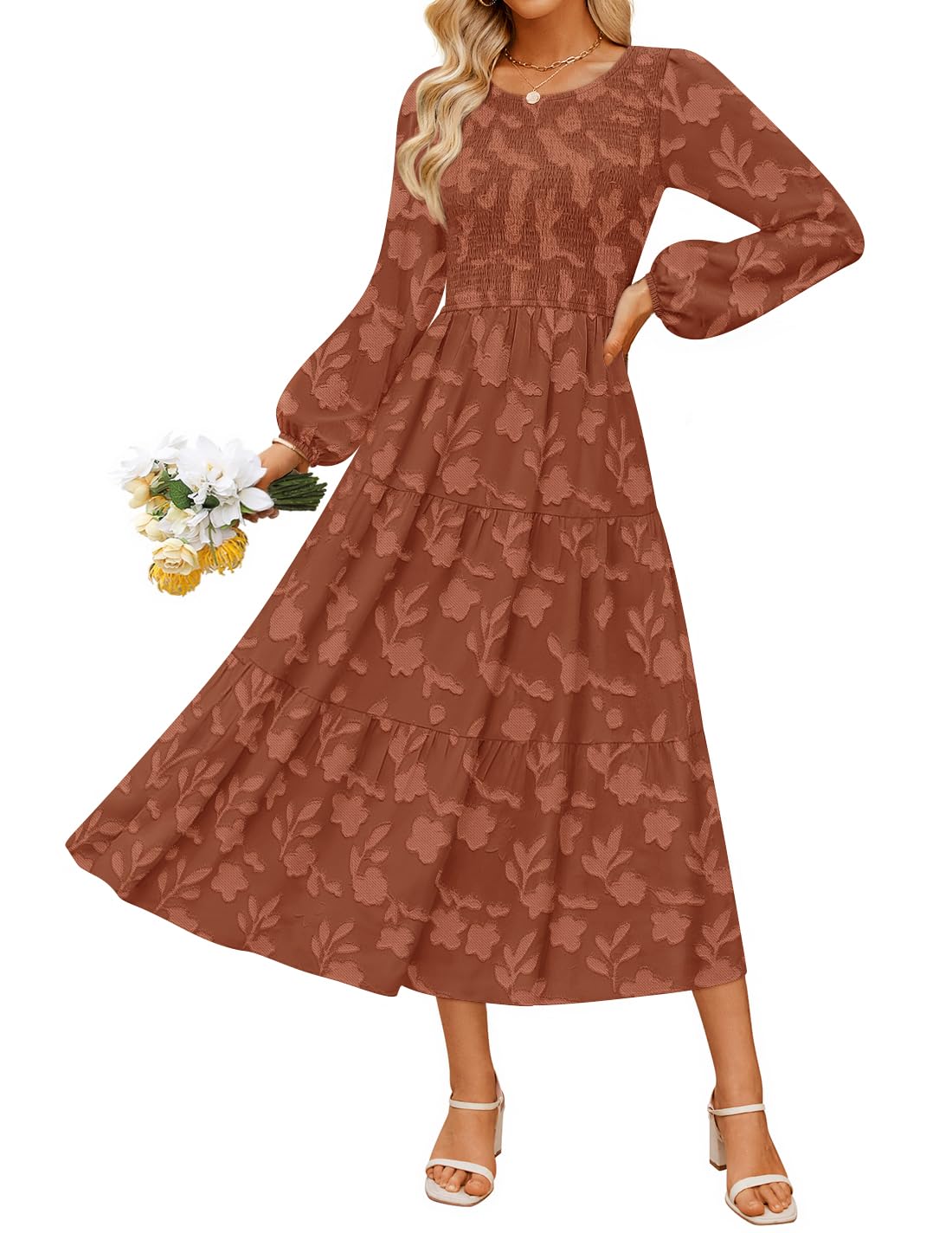 ZESICA Womens Fall Wedding Guest Long Sleeve Boho Midi Dress