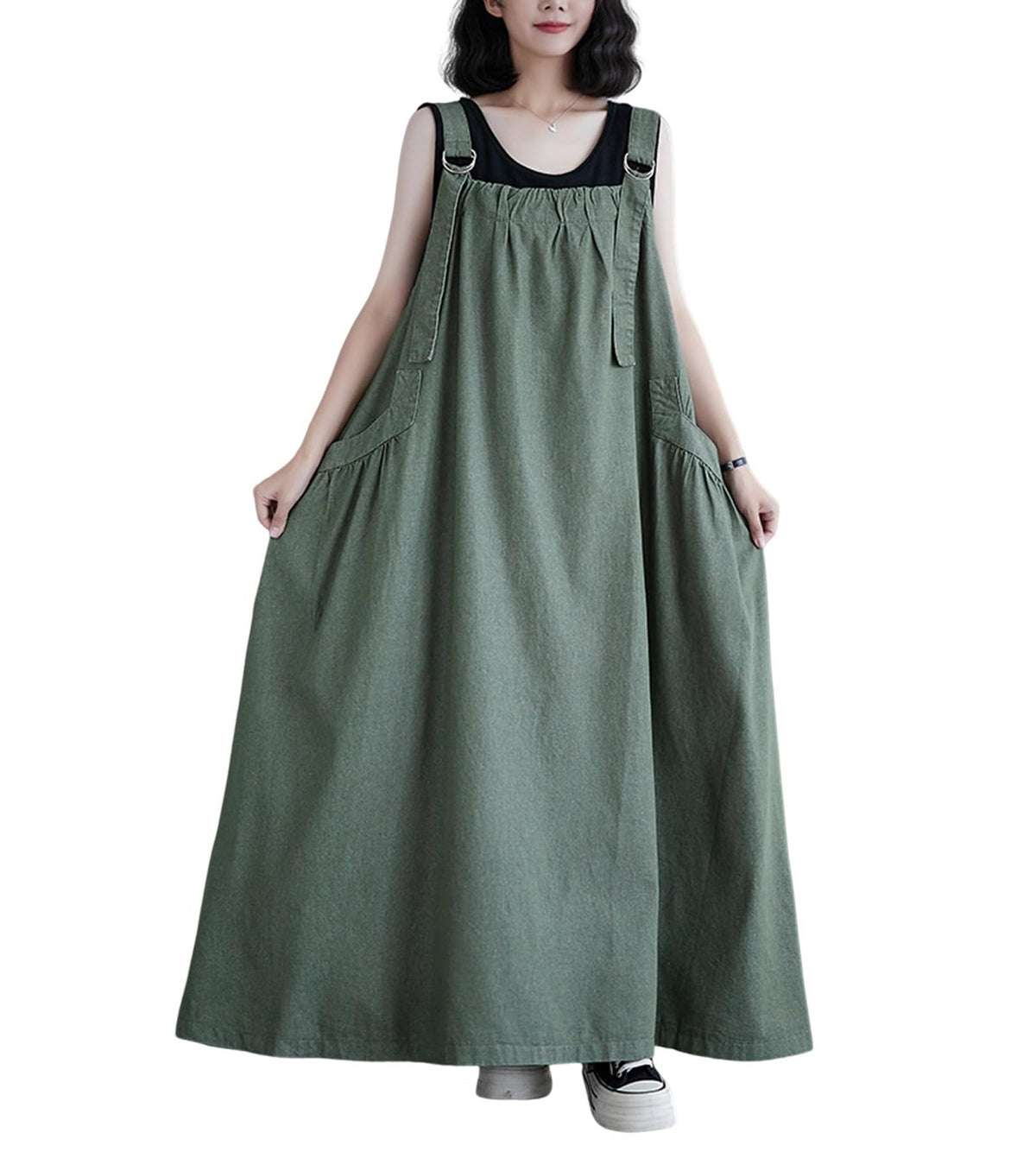 Women's Casual Loose Denim Dress Sleeveless Adjustable Straps Denim Jumper Dress with Pockets