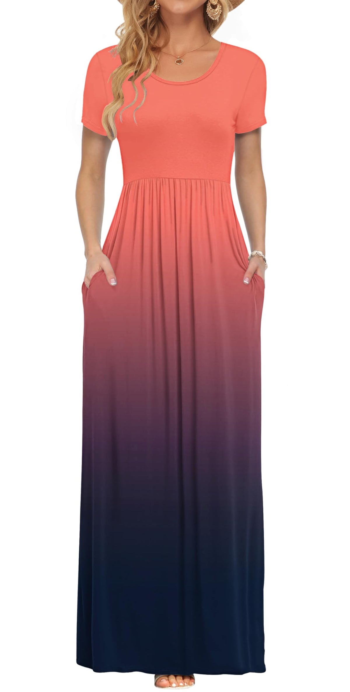 AUSELILY Women's Summer Short Sleeve Loose Plain Casual Long Maxi Dresses
