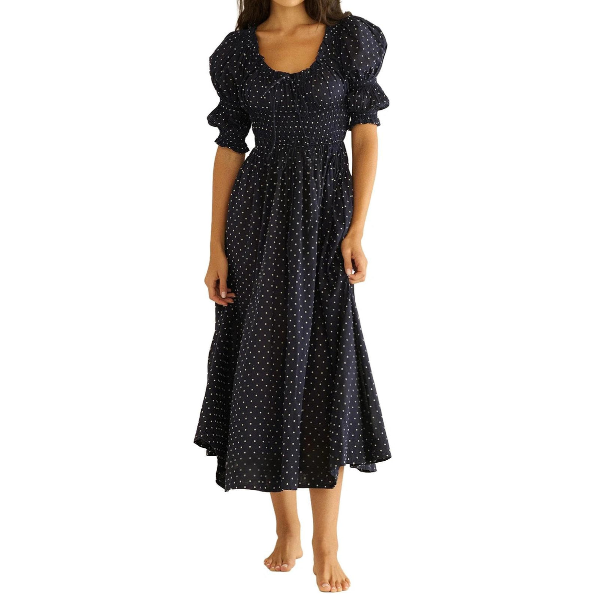 ABYOVRT Women Smocked Dresses Puff Sleeve Off Shoulder Flowy Midi Dress Baby Shower Summer Fall