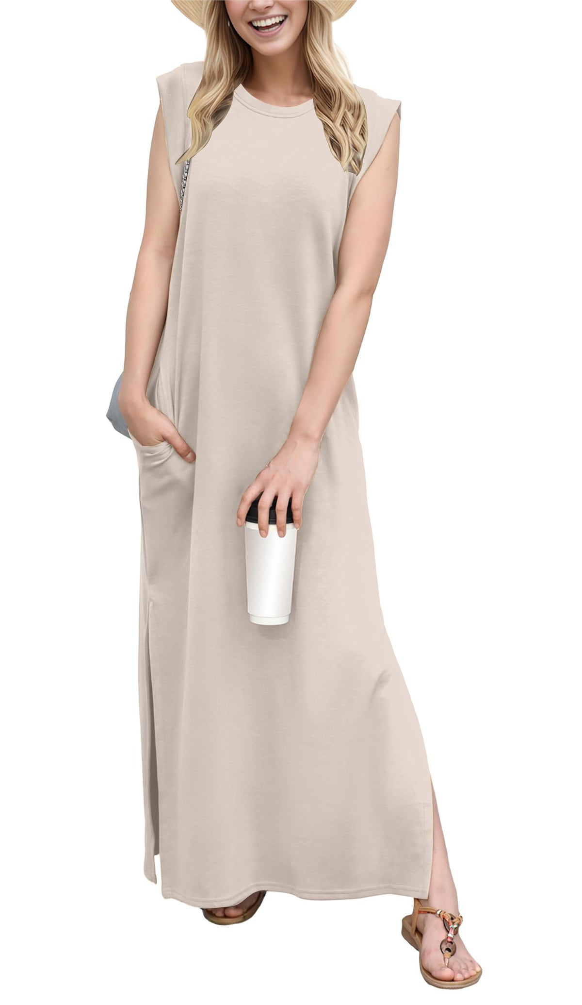 GRECERELLE 2026 Women Year-Round Casual Round Neck Loose Split Wrinkle-Free Long Maxi Vacation Dress with Pockets (XXS-4XL)