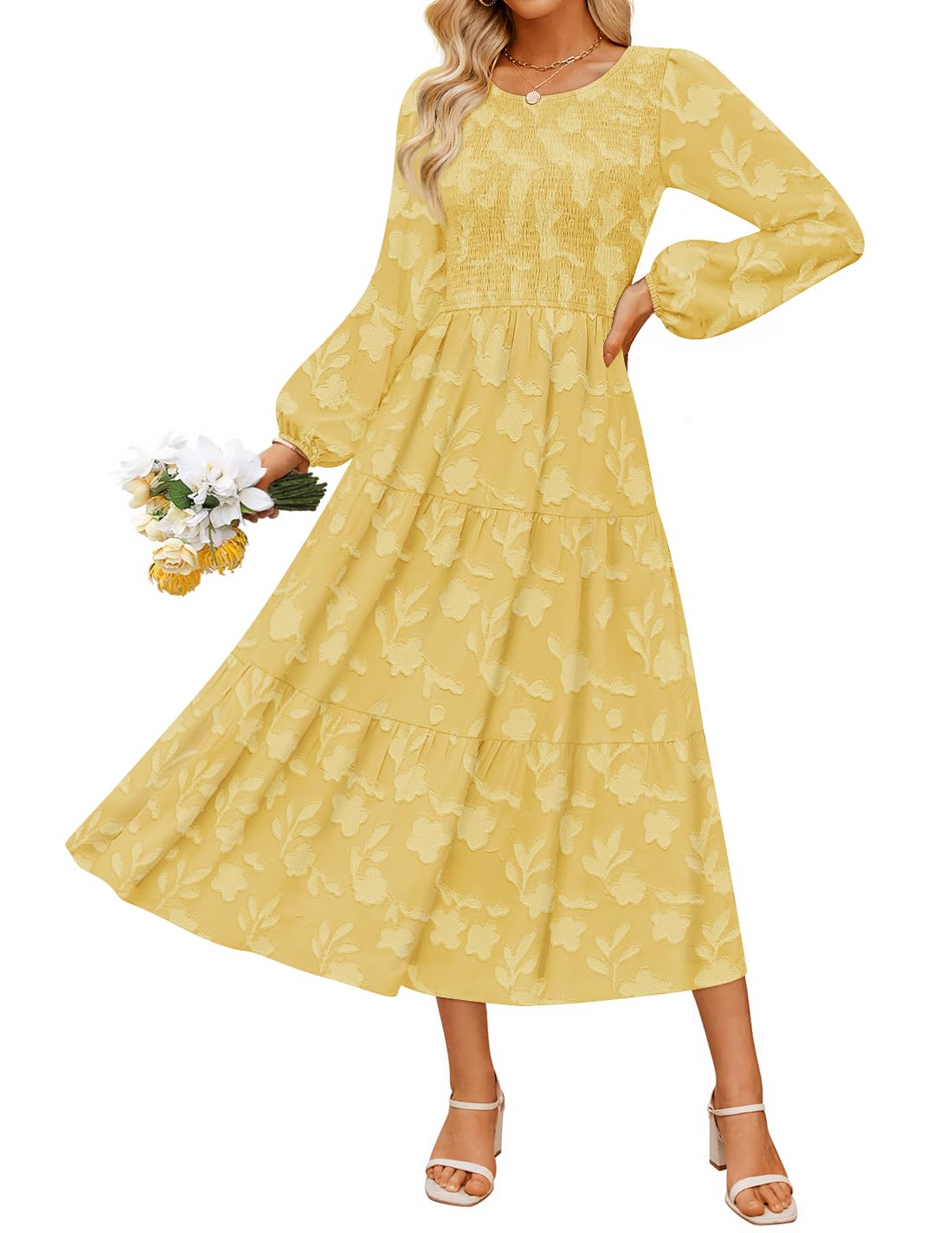 ZESICA Womens Fall Wedding Guest Long Sleeve Boho Midi Dress