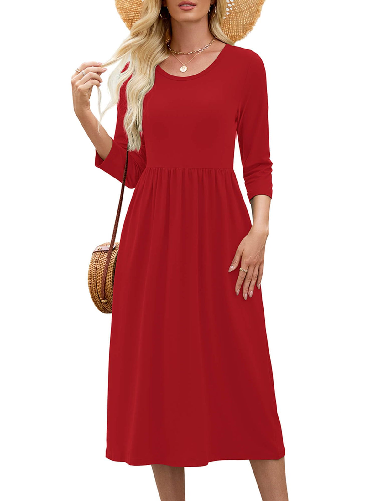 Heymoments Women's Casual 3/4 Sleeve Midi Dress with Pockets