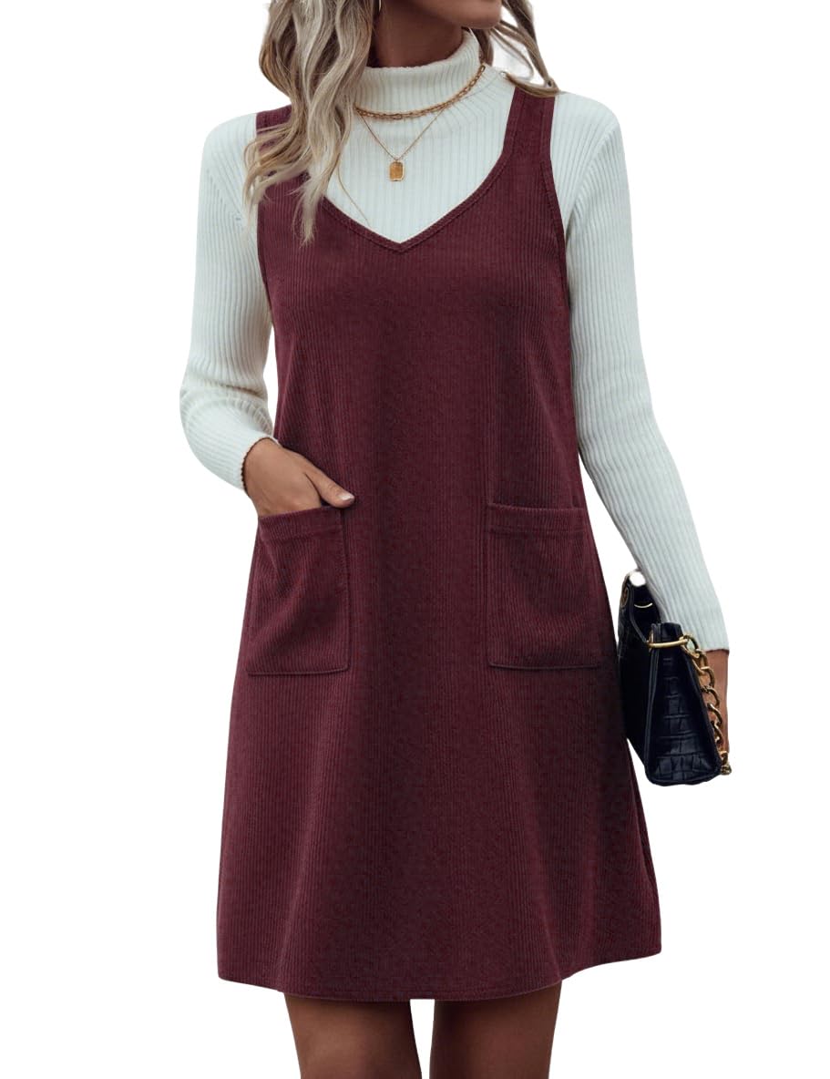 IDEALSANXUN Plaid Overall Dress for Women Fall Winter Sleeveless Plaid Dresses with Pockets