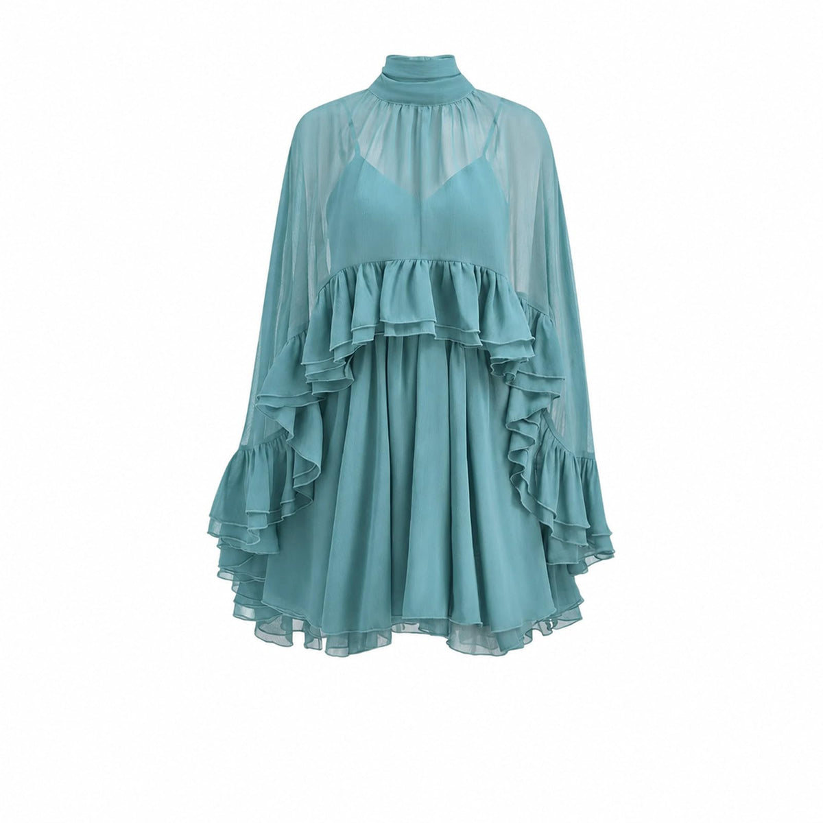 Women’s Semi Sheer Chiffon Ruffle Dress with Outer Cape, Poncho Sleeve Flowy Mini Dress, Loose Fit Elegant Summer Dress