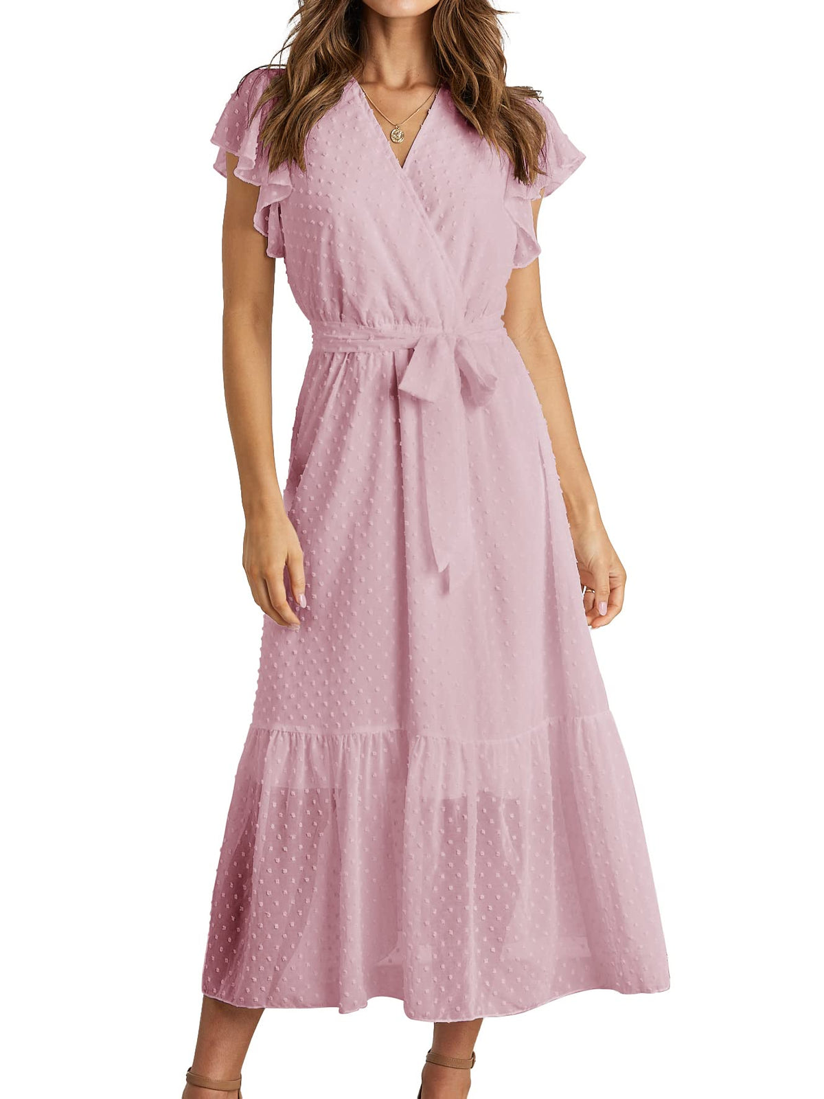 BTFBM Women Summer Casual Wrap V Neck Ruffle Cap Sleeve Belted Midi Dress