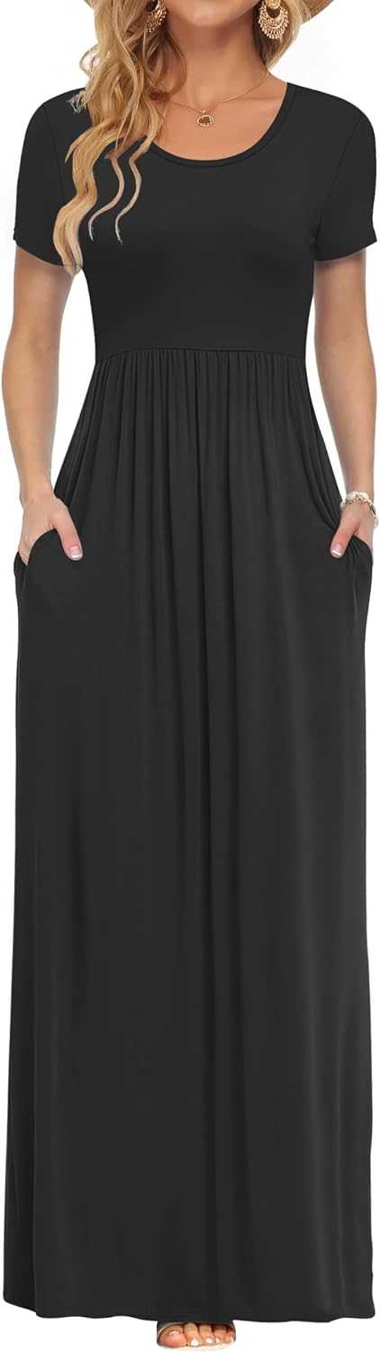 AUSELILY Women's Summer Short Sleeve Loose Plain Casual Long Maxi Dresses