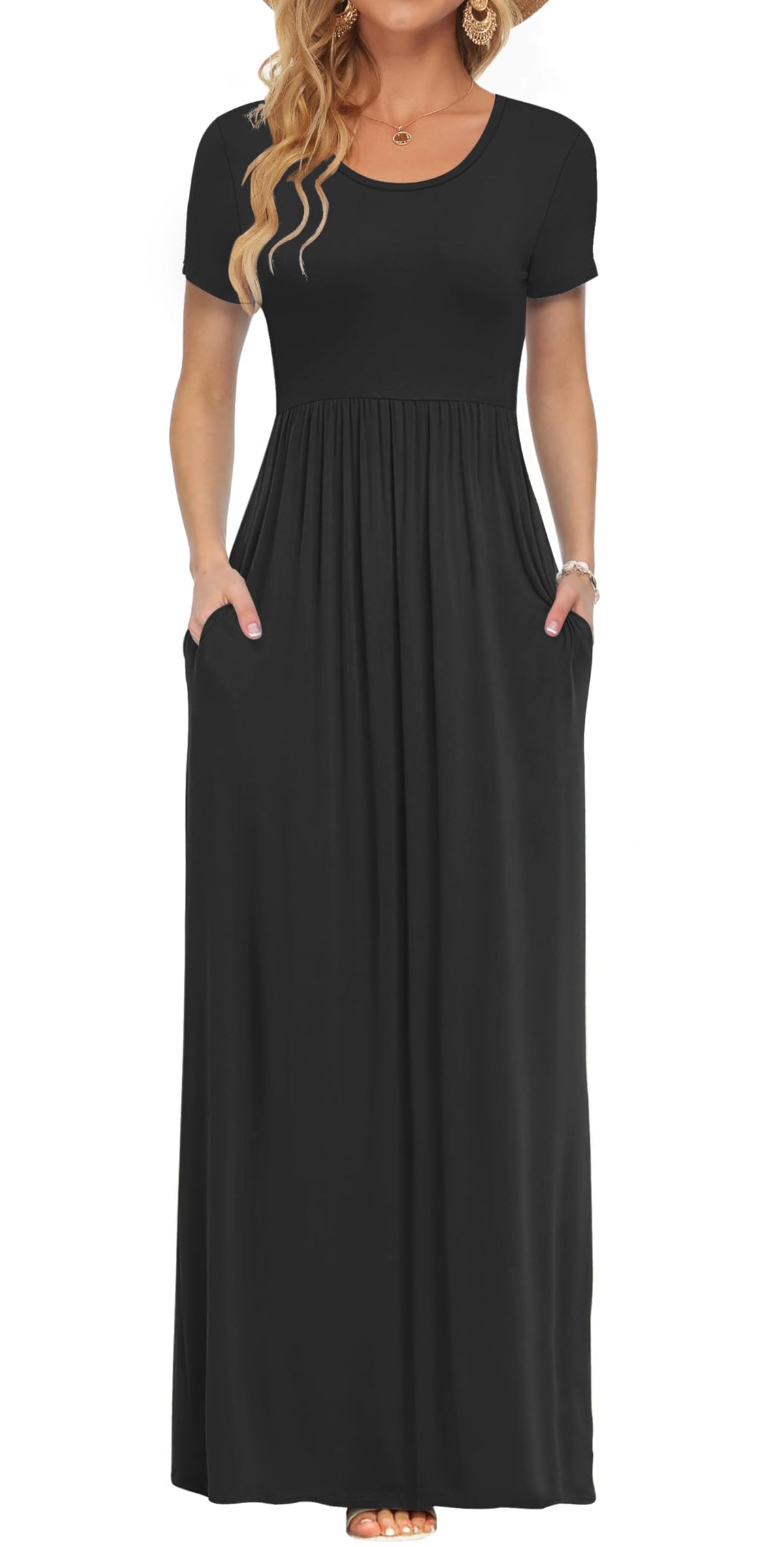 AUSELILY Women's Summer Short Sleeve Loose Plain Casual Long Maxi Dresses