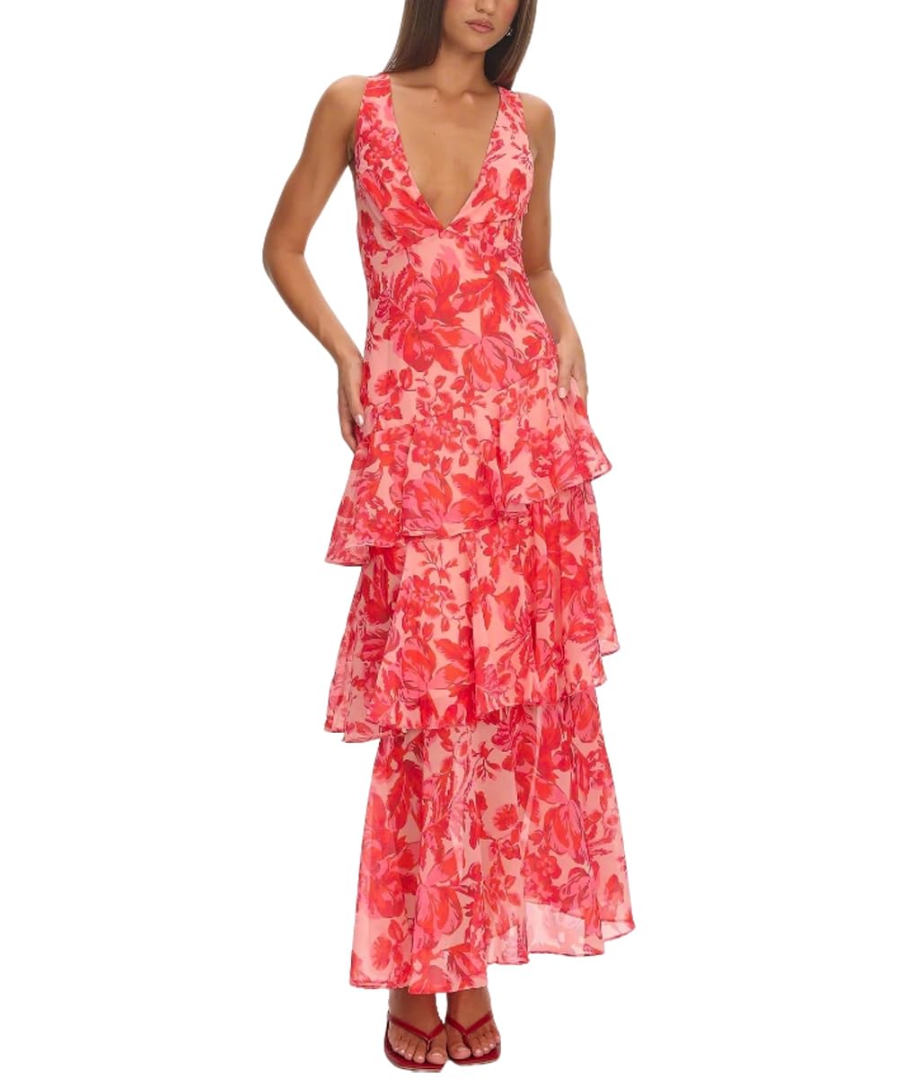 Women's Floral Maxi Dress Sexy Deep V Neck Backless Ruffles Dresses Beach Party Wedding Guest Dress