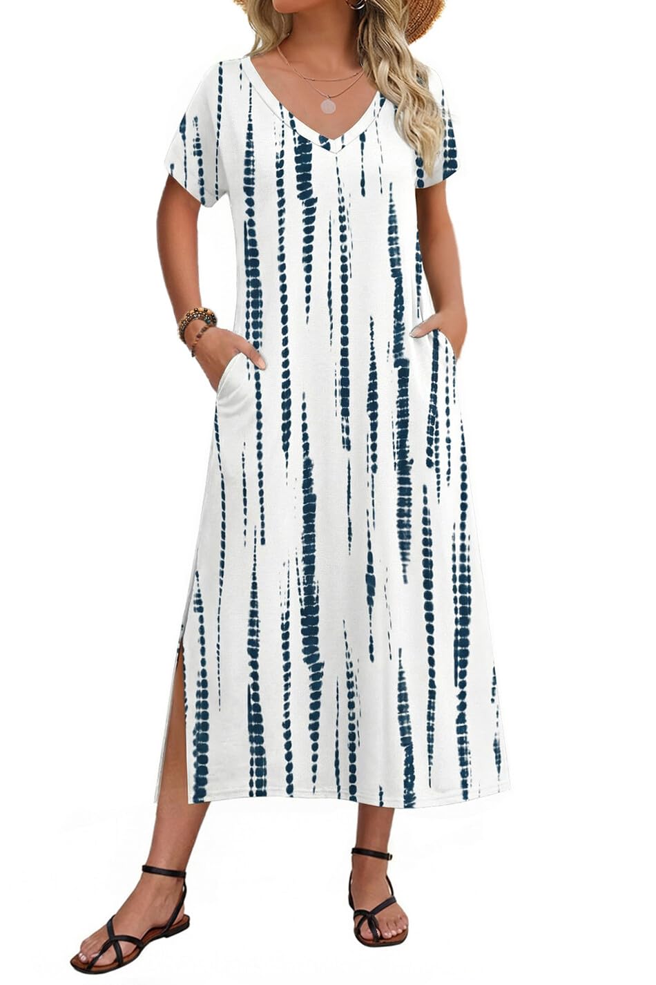 Zeagoo Women Summer Floral Dress Short Sleeve Beach Dress with Pockets Casual V-Neck Split Long T-Shirt Dress Travel Vacation