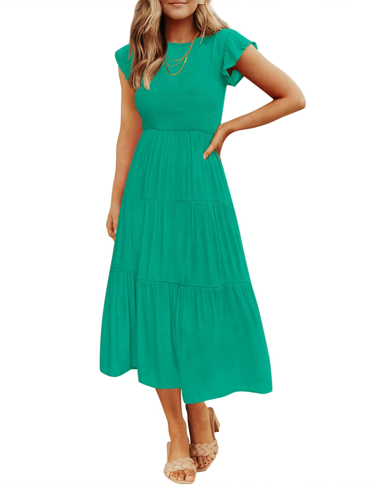 ZESICA Women's 2026 Summer Casual Flutter Short Sleeve Smocked Midi Dress