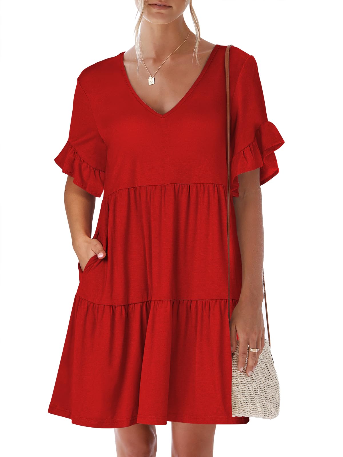 ANRABESS Dresses for Women Summer 2026 V Neck Ruffle Sleeve A Line Tiered Flowy Casual Trendy Mini Beach Dress with Pockets
