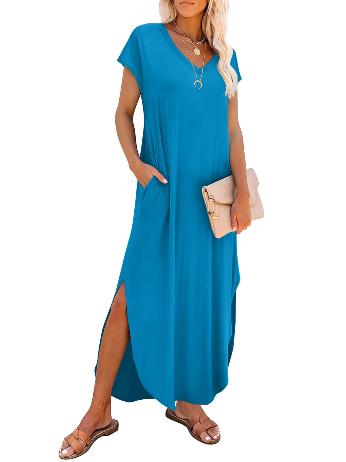 RUMIA Summer Maxi Dresses for Women Cap Sleeve Long Sundress with Pockets