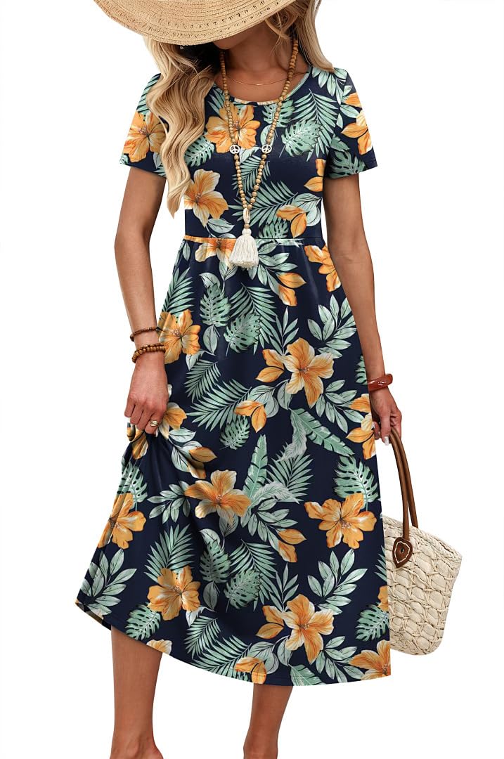 OFEEFAN Spring Summer Dresses for Women 2026 Crewneck Short Sleeve Flowy Casual Midi Beach Sundress with Pockets