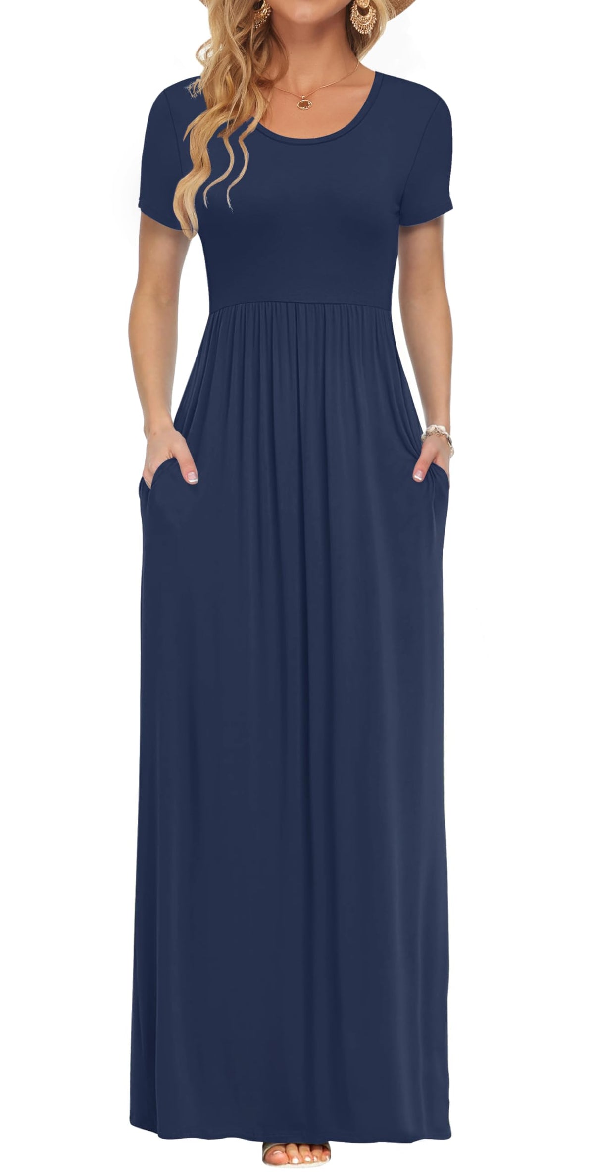 AUSELILY Women's Summer Short Sleeve Loose Plain Casual Long Maxi Dresses