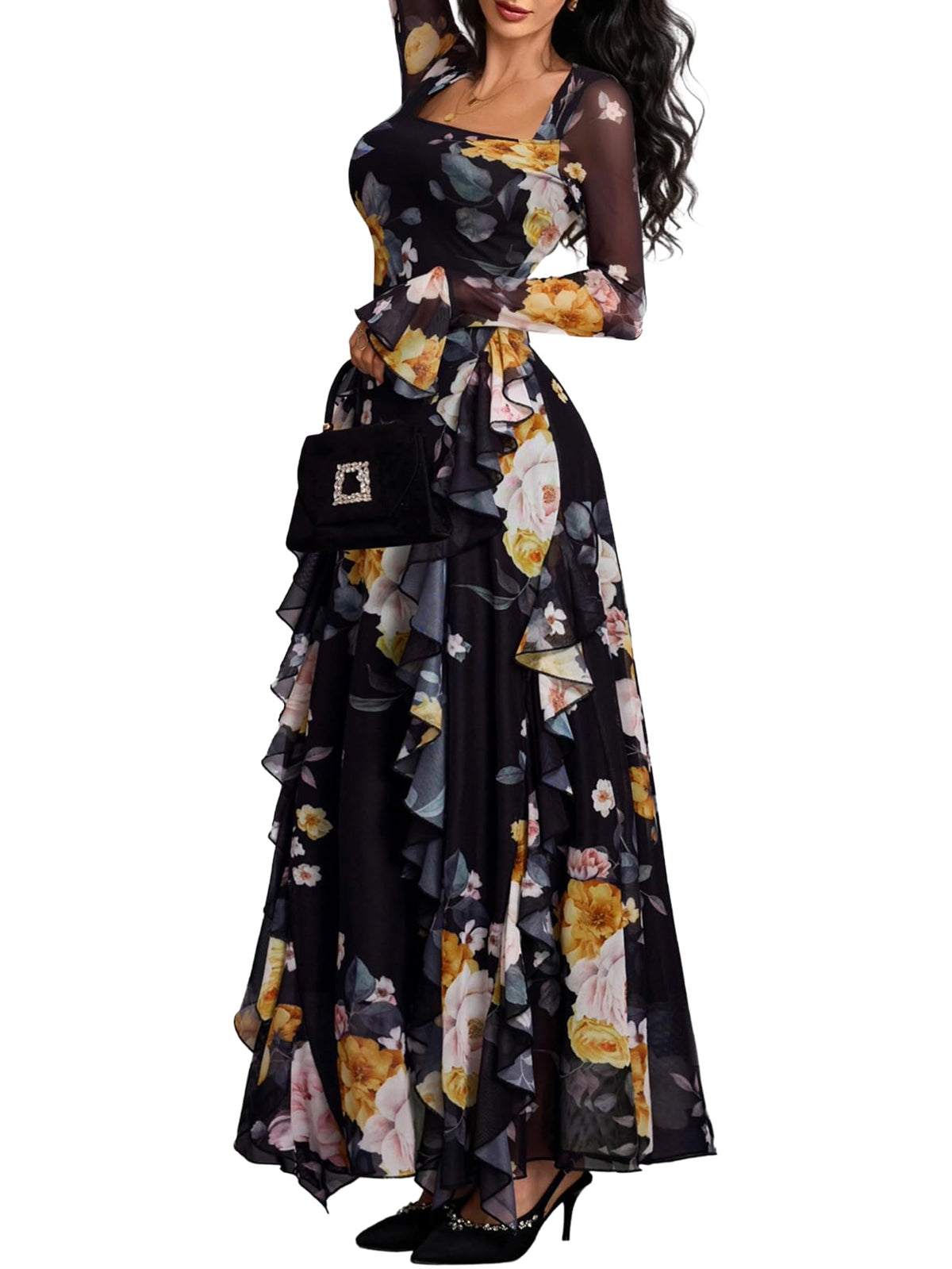 GothDark Women's Floral Dress Long Sleeve Square Neck Ruffle Party Outfit