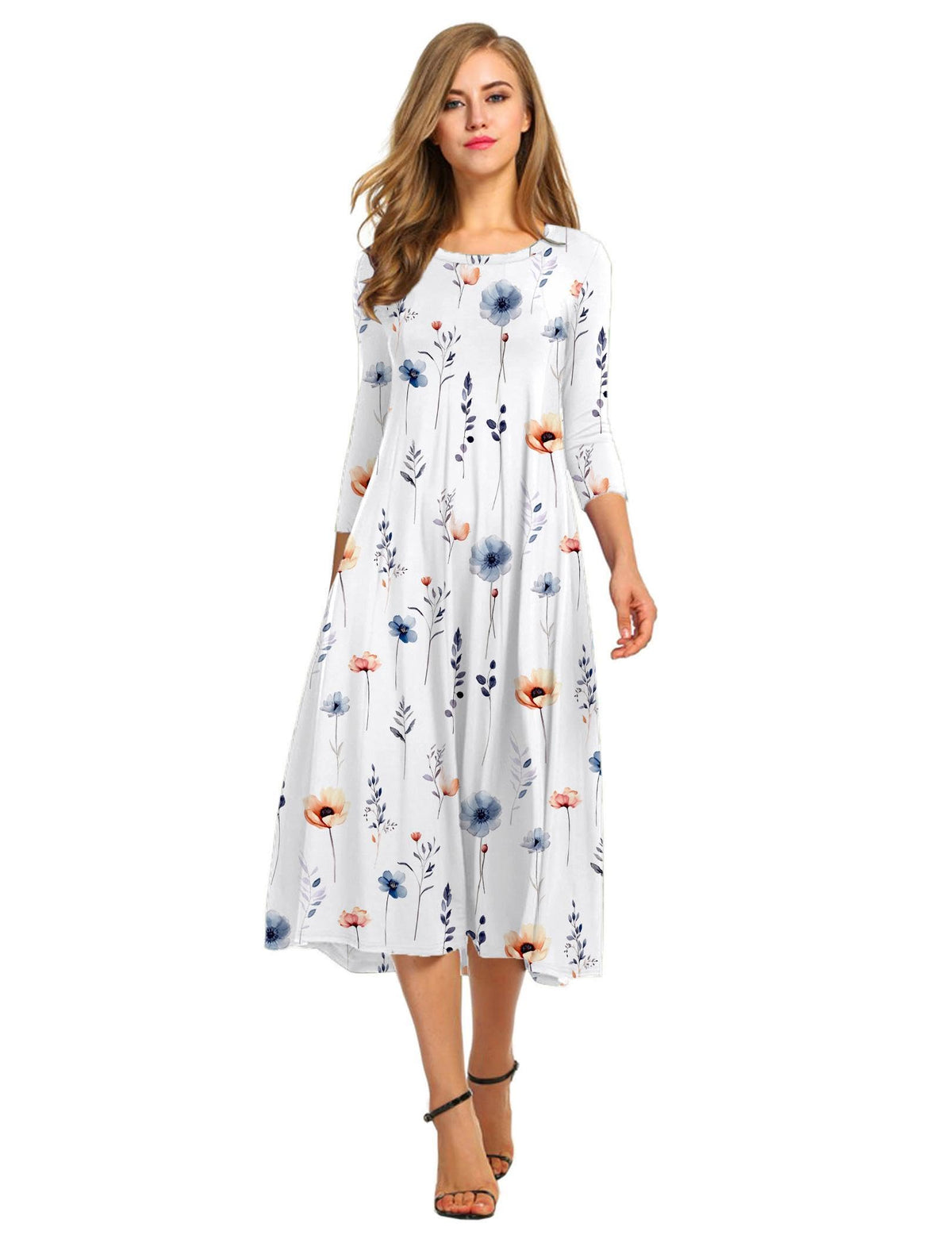 HOTOUCH Women's 3/4 Sleeve A-line and Flare Midi Long Dress