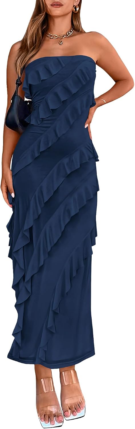 BTFBM Maxi Dresses for Women Solid Bodycon Summer Wedding Guest Dress