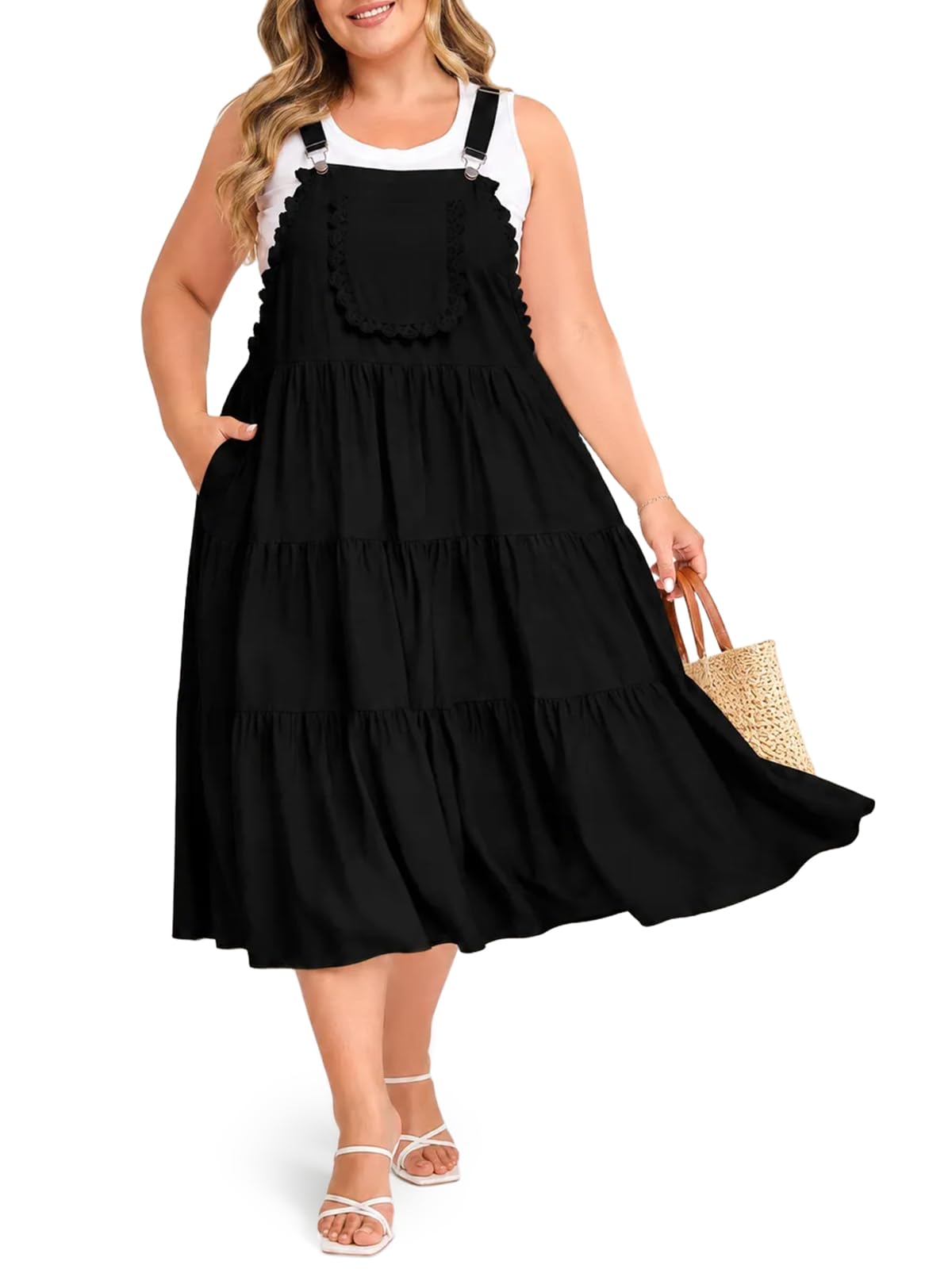 Moon Wood Plus Size Overall Dress for Women Casual Bib Jumper Dress Summer Maxi Dress with Pockets Adjustable Straps