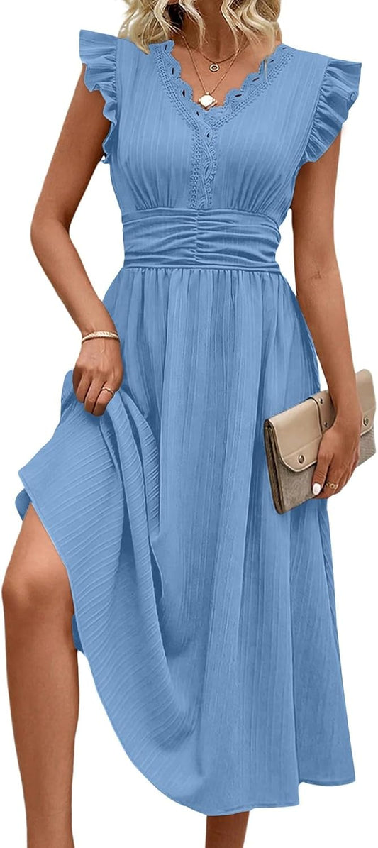 SHEWIN Women Summer Elegant Ruffle Sleeve Dress Semi Formal Outfits