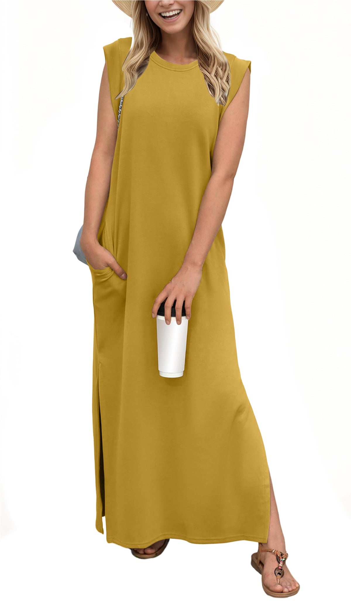 GRECERELLE 2026 Women Year-Round Casual Round Neck Loose Split Wrinkle-Free Long Maxi Vacation Dress with Pockets (XXS-4XL)