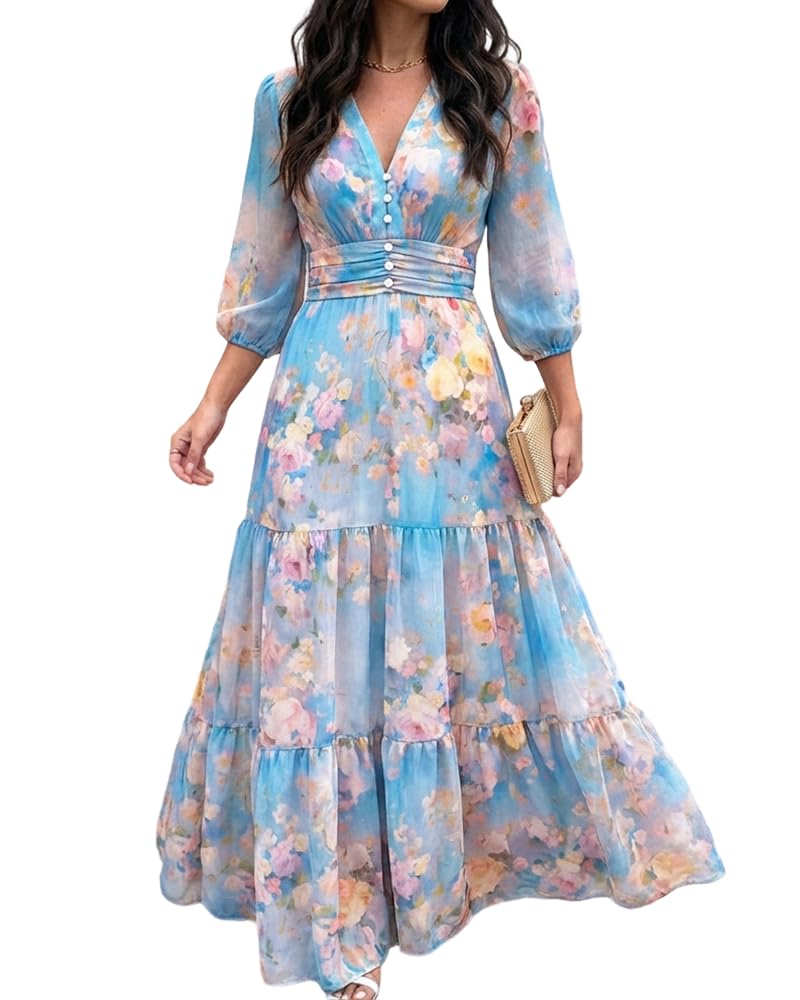 CHICME Womens Summer Boho Floral Wedding Guest Vacation Beach Maxi Dress