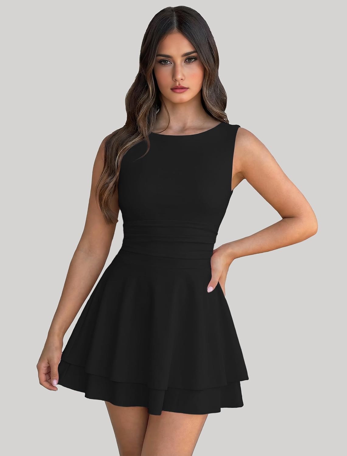 IWD Women's Boat Neck Sleeveless Mini Dress Tiered Ruffle Hem Party Dresses