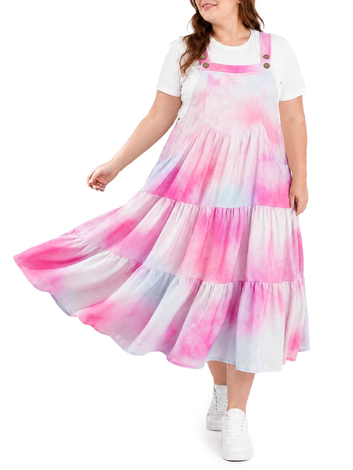 Moon Wood Plus Size Overall Dress for Women Summer Casual Maxi Dresses Jumper Dresses with Pockets Adjustable Straps