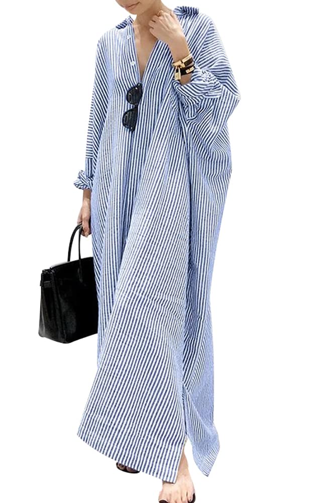 chouyatou Women's Casual Long Sleeve Button Down Loose Striped Cotton Maxi Shirt Dress