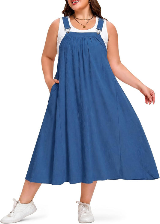 Moon Wood Plus Size Cotton Overall Dress for Women Casual Maxi Dress Adjustable Strap Jumper Dress with Pockets