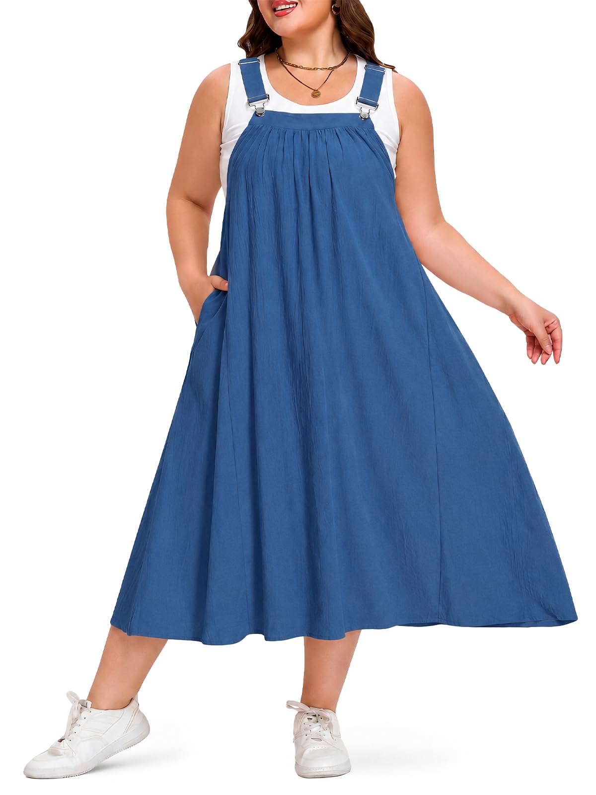 Moon Wood Plus Size Cotton Overall Dress for Women Casual Maxi Dress Adjustable Strap Jumper Dress with Pockets