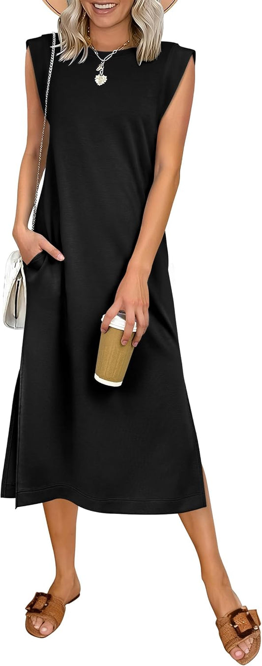 ANRABESS Womens Summer Casual Midi Dress Sleeveless Crewneck Loose Split Wrinkle-Free Beach Travel Vacation Long Sundress