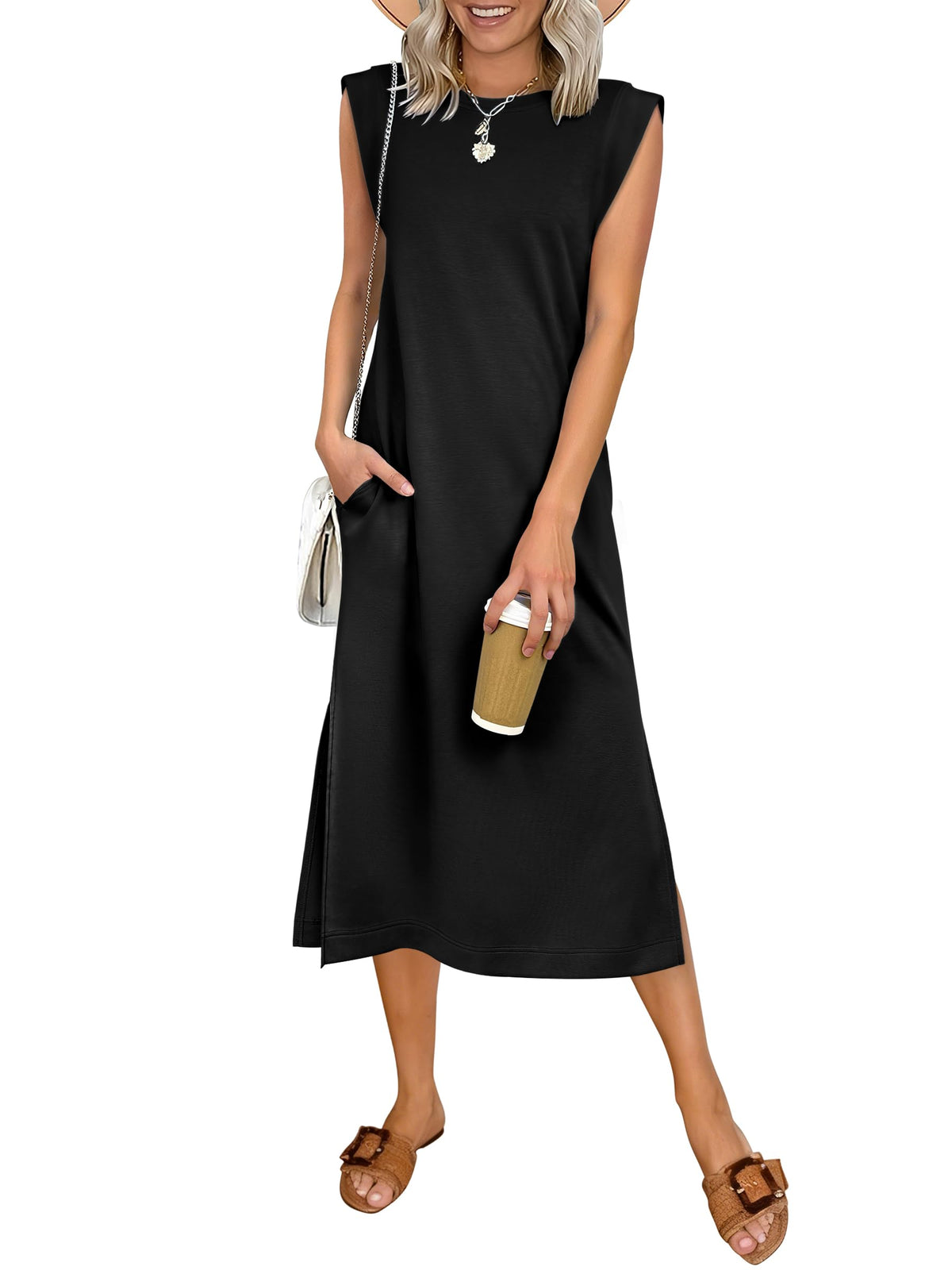 ANRABESS Womens Summer Casual Midi Dress Sleeveless Crewneck Loose Split Wrinkle-Free Beach Travel Vacation Long Sundress