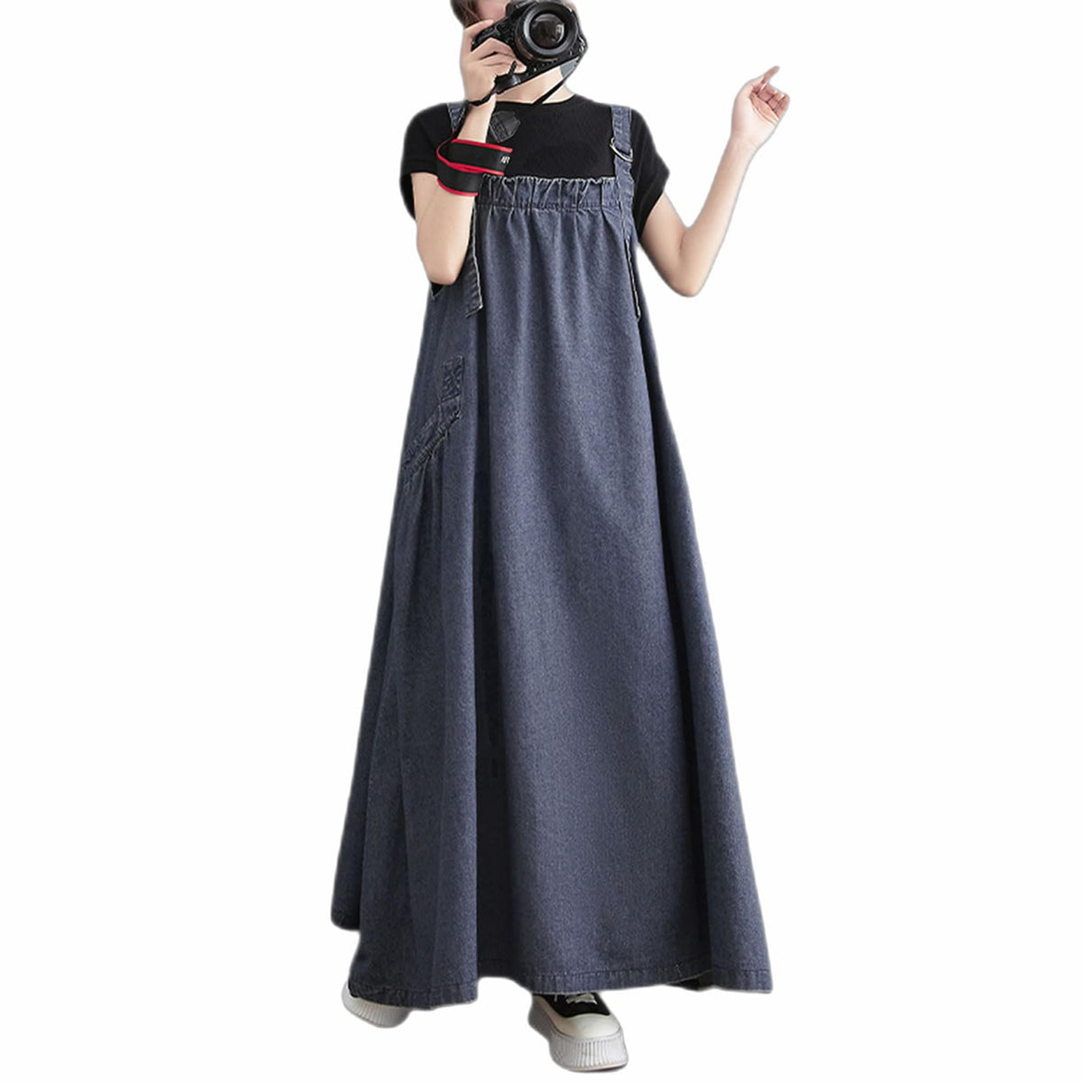 Women's Casual Loose Denim Dress Sleeveless Adjustable Straps Denim Jumper Dress with Pockets