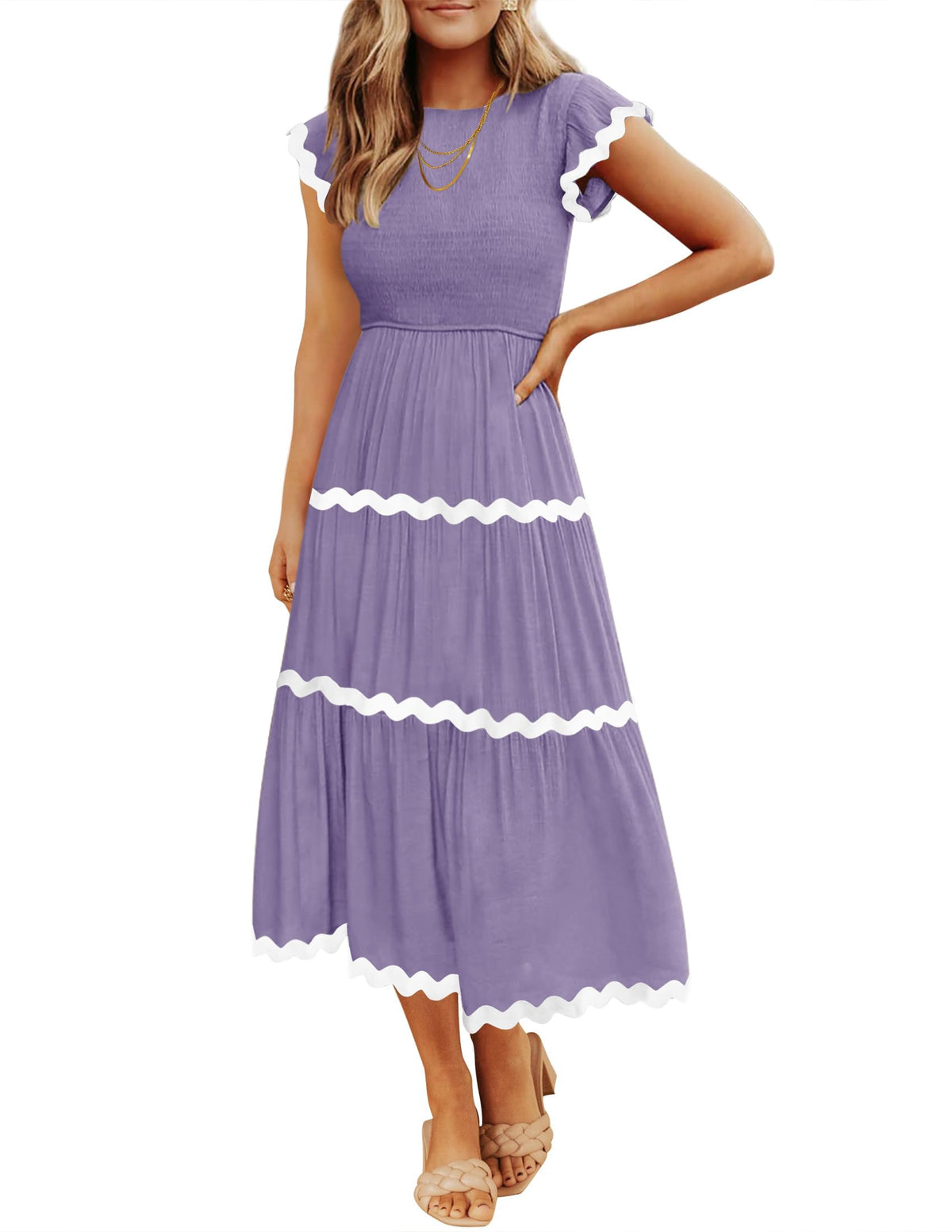 ZESICA Womens Summer Casual Smocked Flowy Midi Dress