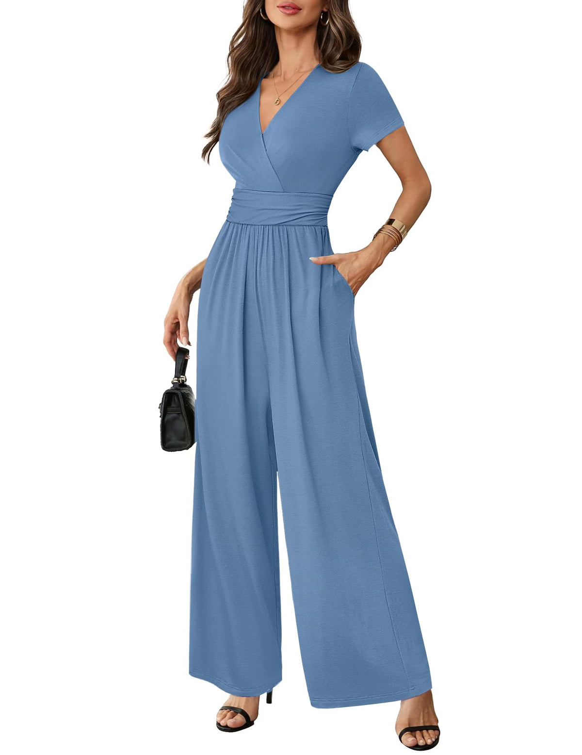 LOOKBOHO Women Jumpsuits Dressy Casual Short Sleeve Wide Leg Pants Rompers