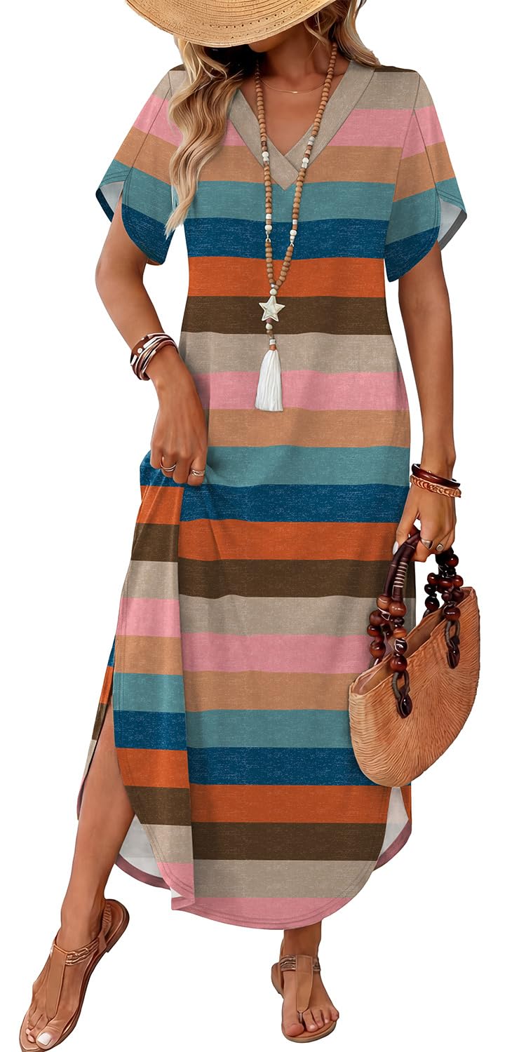 WIHOLL Summer Dresses for Women Short Sleeve Maxi Dresses V Neck Sundress with Side Slit Pockets Casual Beach Dress