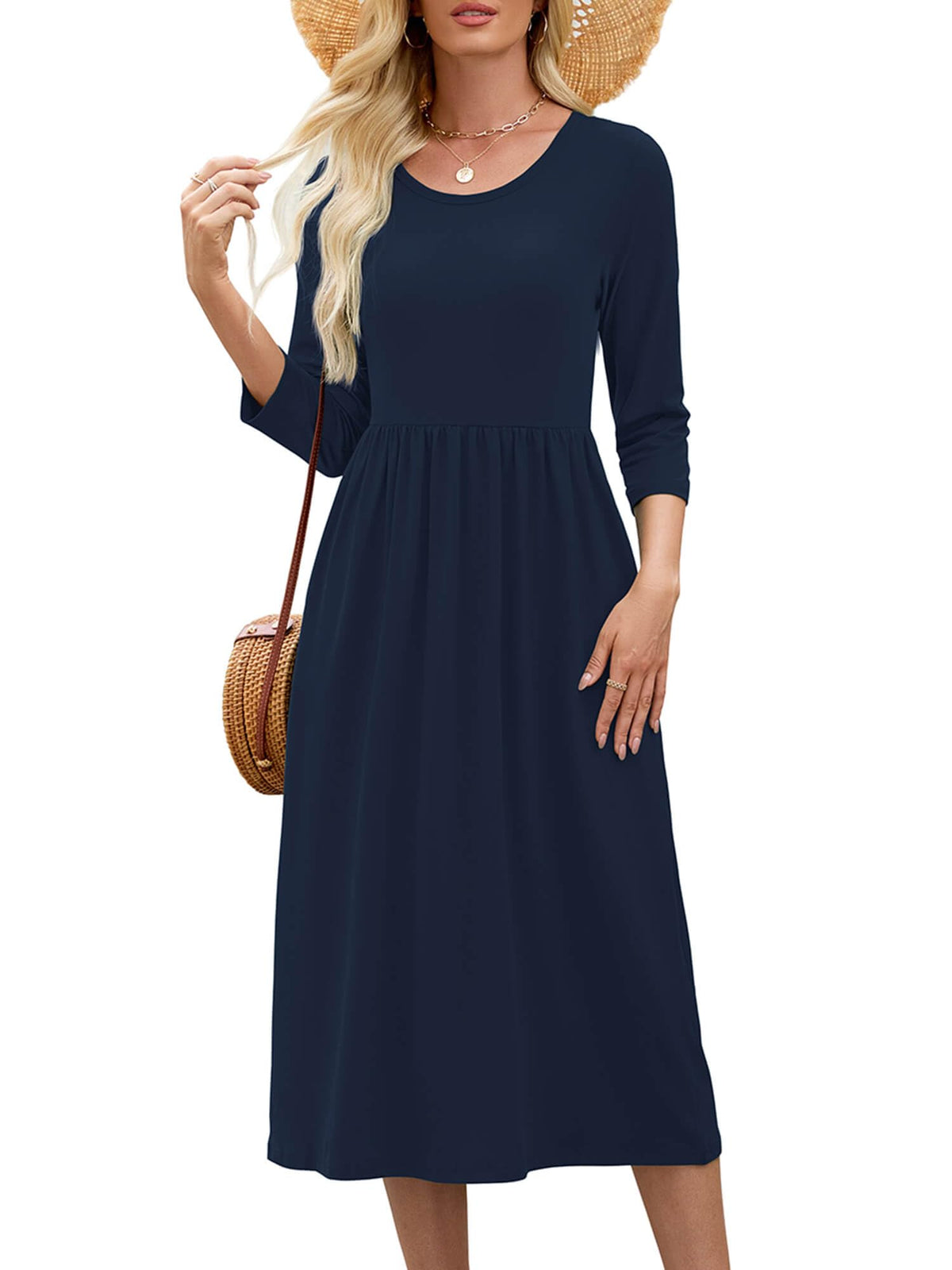 Heymoments Women's Casual 3/4 Sleeve Midi Dress with Pockets
