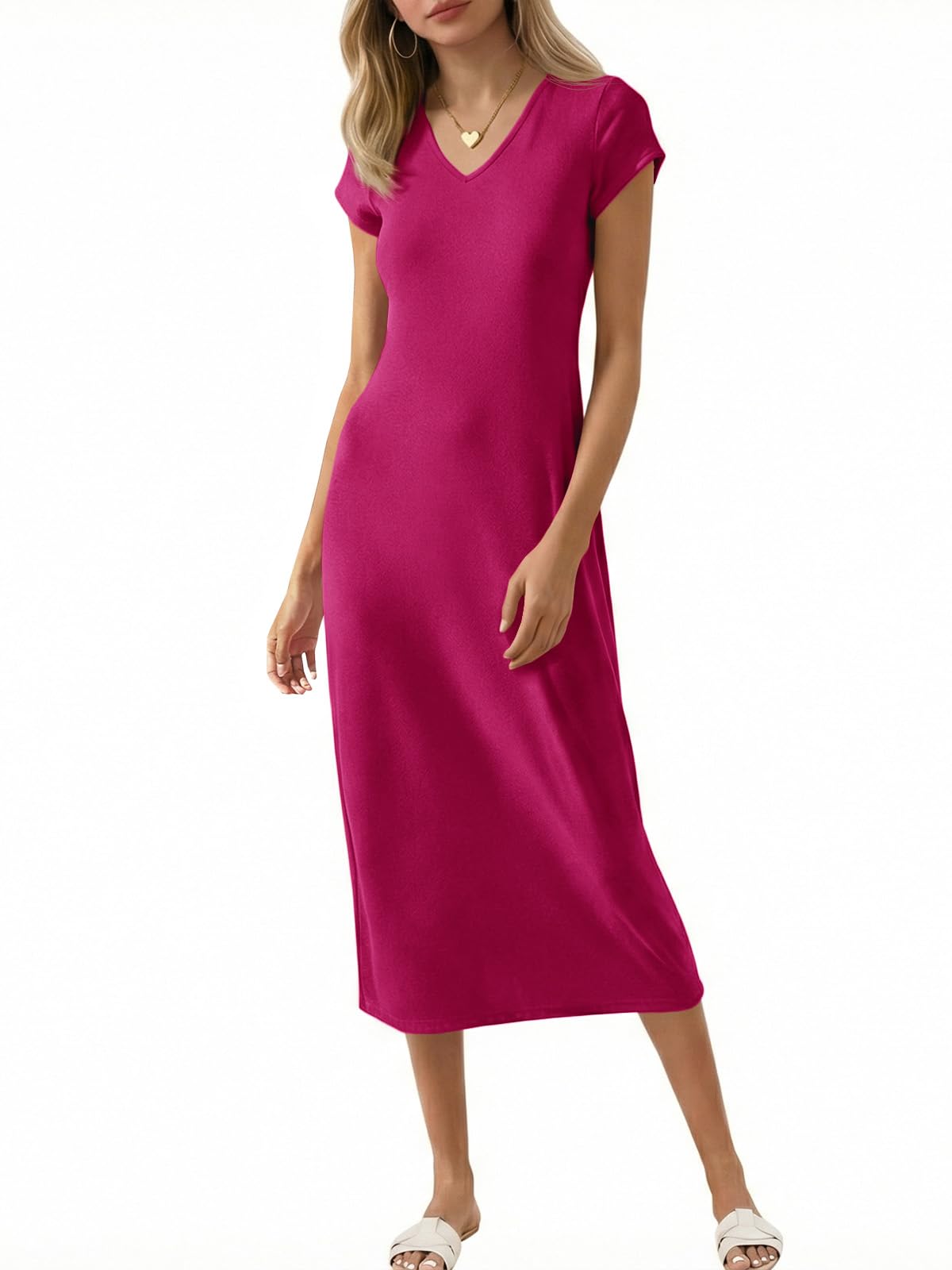 Wenrine Womens Short Sleeve T-Shirt Dress V Neck Summer Casual Midi Dresses