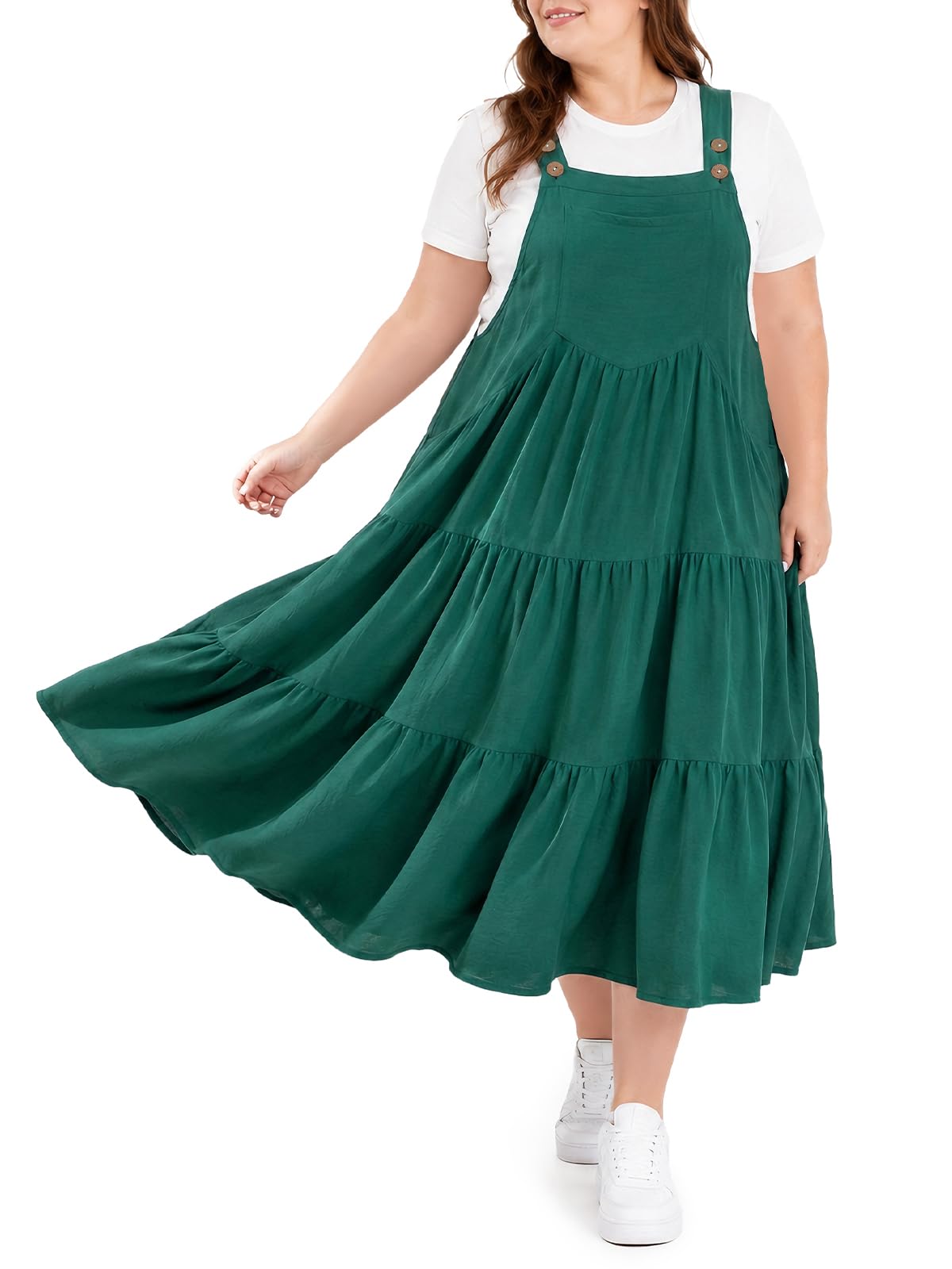 Moon Wood Plus Size Overall Dress for Women Summer Casual Maxi Dresses Jumper Dresses with Pockets Adjustable Straps