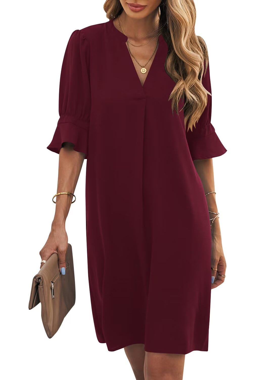Wkior Womens Summer Ruffle Short Sleeve V Neck Shift Dress
