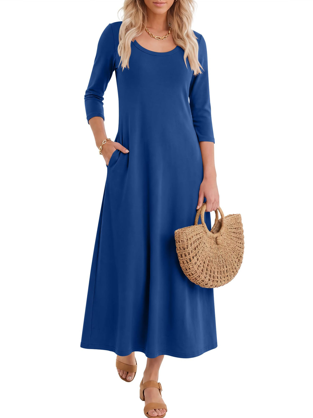 ANRABESS Womens 3/4 Sleeve Scoop Neck Casual Maxi Dress